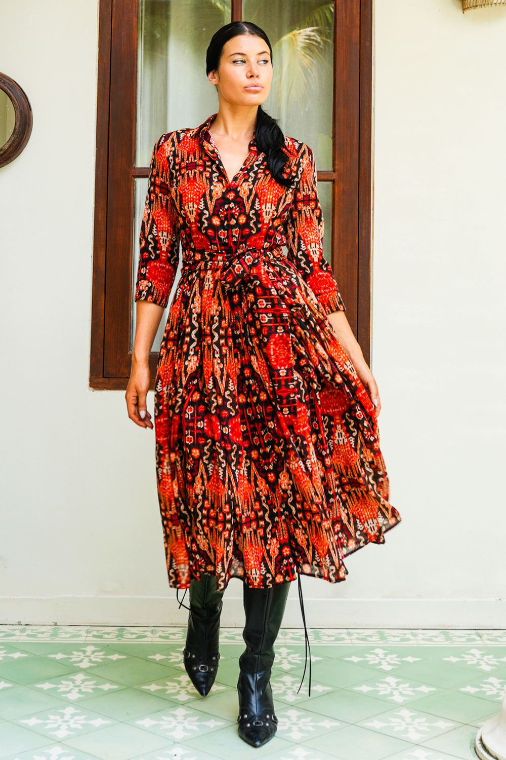 Audrey Dress #4 Shirt Collar 3/4 Sleeve Midi Length Wool (Bambay Ikat Bright) - Sepia Orange