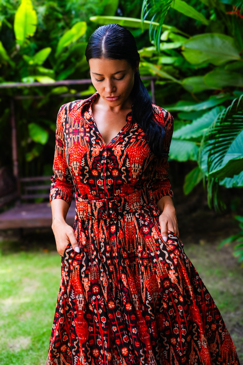 Audrey Dress #4 Shirt Collar 3/4 Sleeve Midi Length Wool (Bambay Ikat Bright) - Sepia Orange