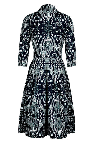 Audrey Dress #1 Shirt Collar 3/4 Sleeve Long Length Cotton Stretch (Bambay Ikat Dark)
