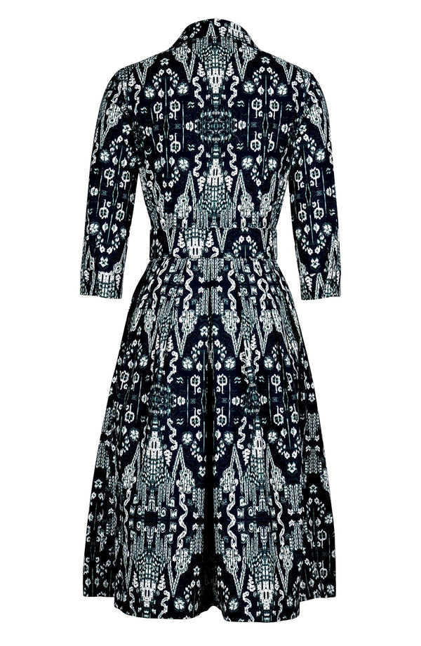 Audrey Dress #1 Shirt Collar 3/4 Sleeve Long Length Cotton Stretch (Bambay Ikat Dark)