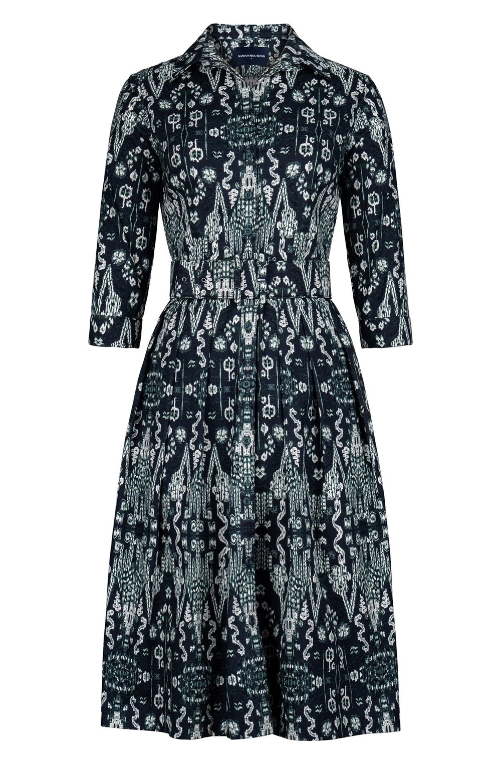 Audrey Dress #1 Shirt Collar 3/4 Sleeve Long Length Cotton Stretch (Bambay Ikat Dark)