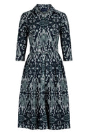 Audrey Dress #1 Shirt Collar 3/4 Sleeve Long Length Cotton Stretch (Bambay Ikat Dark)