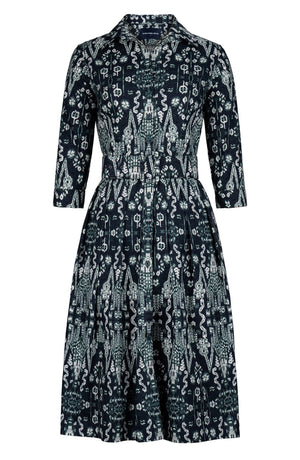 Audrey Dress #1 Shirt Collar 3/4 Sleeve Long Length Cotton Stretch (Bambay Ikat Dark)
