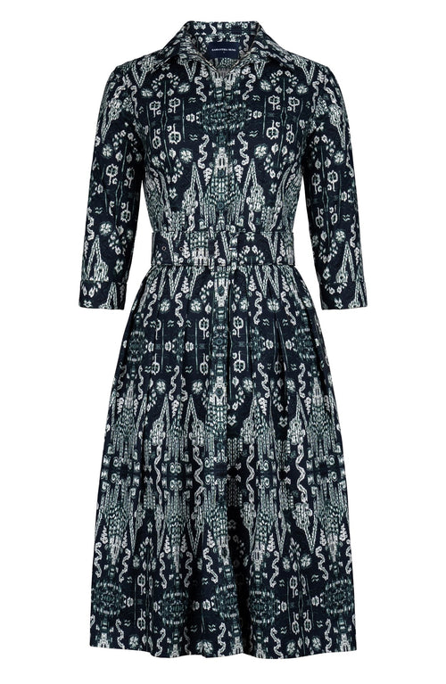 Audrey Dress #1 Shirt Collar 3/4 Sleeve Long Length Cotton Stretch (Bambay Ikat Dark)