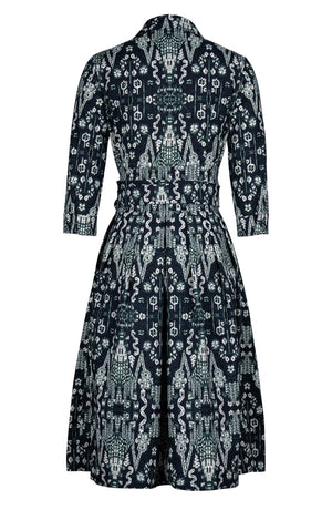 Audrey Dress #1 Shirt Collar 3/4 Sleeve Long Length Cotton Stretch (Bambay Ikat Dark)