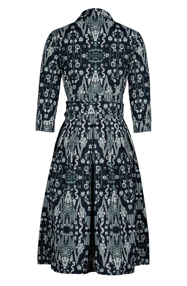 Audrey Dress #1 Shirt Collar 3/4 Sleeve Long Length Cotton Stretch (Bambay Ikat Dark)