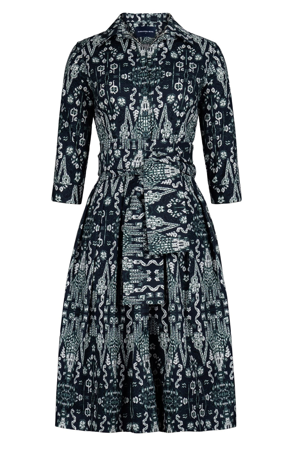 Audrey Dress #1 Shirt Collar 3/4 Sleeve Long Length Cotton Stretch (Bambay Ikat Dark)