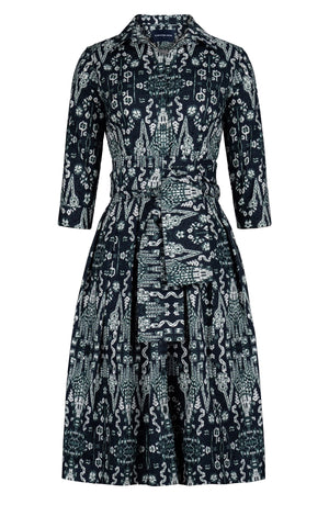 Audrey Dress #1 Shirt Collar 3/4 Sleeve Long Length Cotton Stretch (Bambay Ikat Dark)