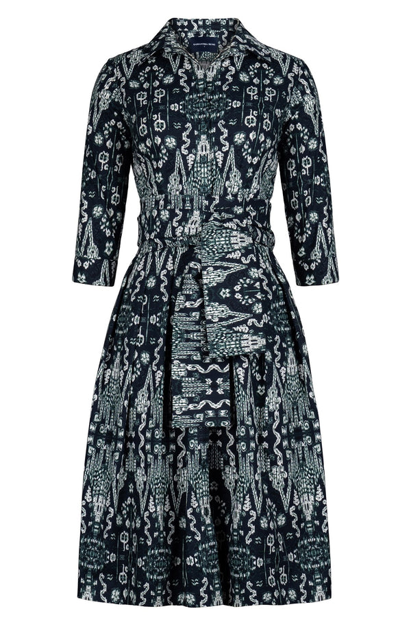 Audrey Dress #1 Shirt Collar 3/4 Sleeve Long Length Cotton Stretch (Bambay Ikat Dark)