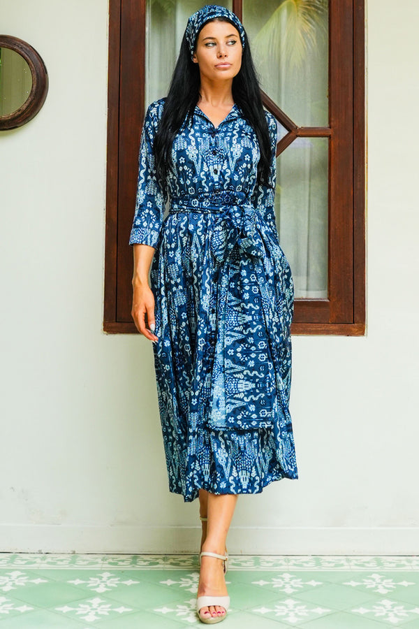 Audrey Dress #7 Shirt Collar 3/4 Sleeve Midi Plus Length Poliamide Taffta (Bambay Ikat Dark)