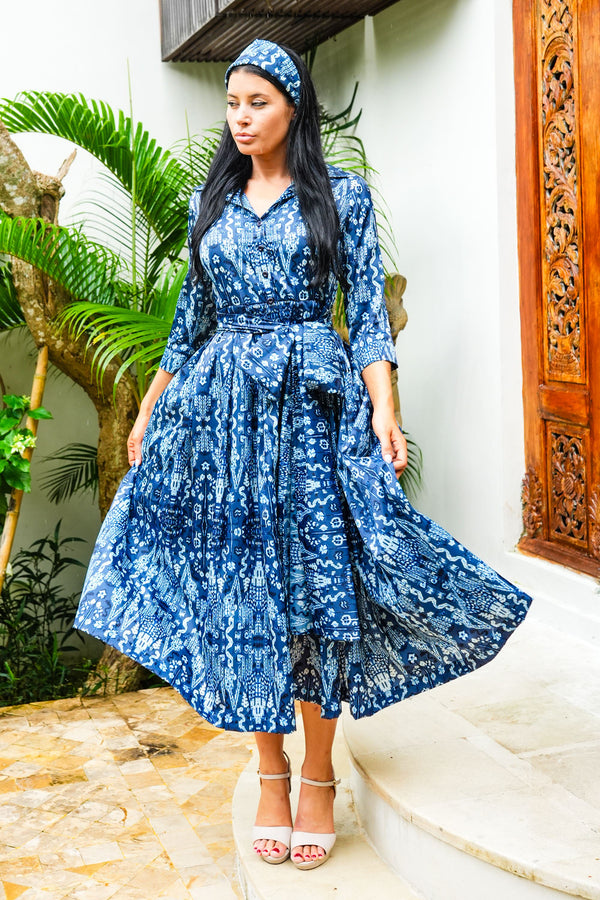 Audrey Dress #7 Shirt Collar 3/4 Sleeve Midi Plus Length Poliamide Taffta (Bambay Ikat Dark)