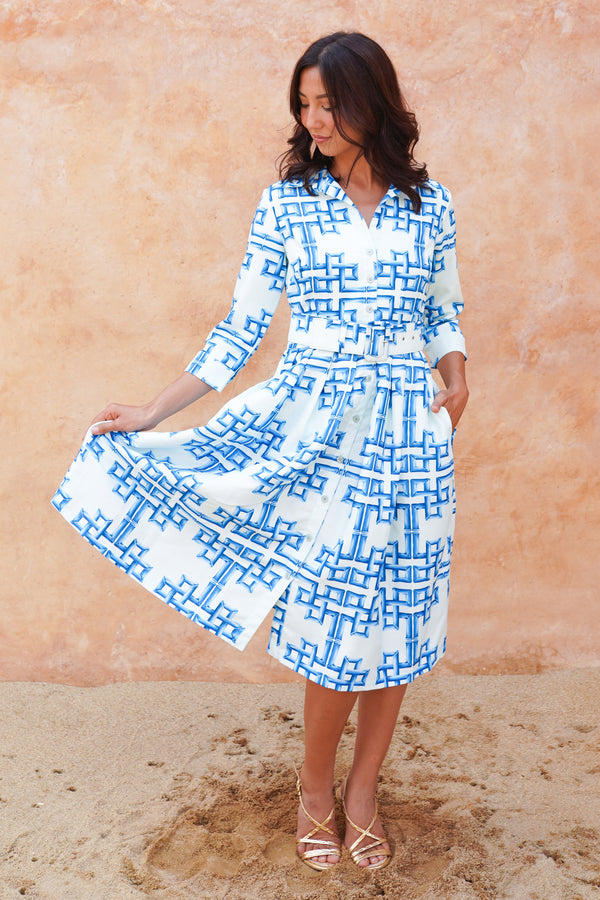 Audrey Dress #1 Shirt Collar 3/4 Sleeve Long Length Silk Taffta (Bamboo Grove Big Pastel)