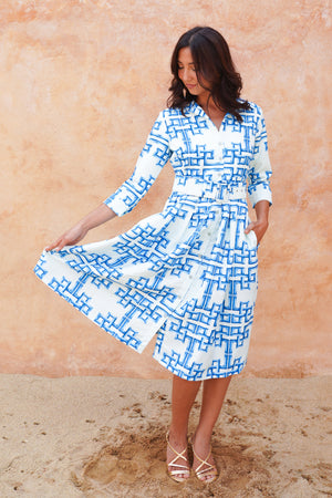 Audrey Dress #1 Shirt Collar 3/4 Sleeve Long Length Silk Taffta (Bamboo Grove Big Pastel)