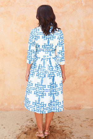 Audrey Dress #1 Shirt Collar 3/4 Sleeve Long Length Silk Taffta (Bamboo Grove Big Pastel)