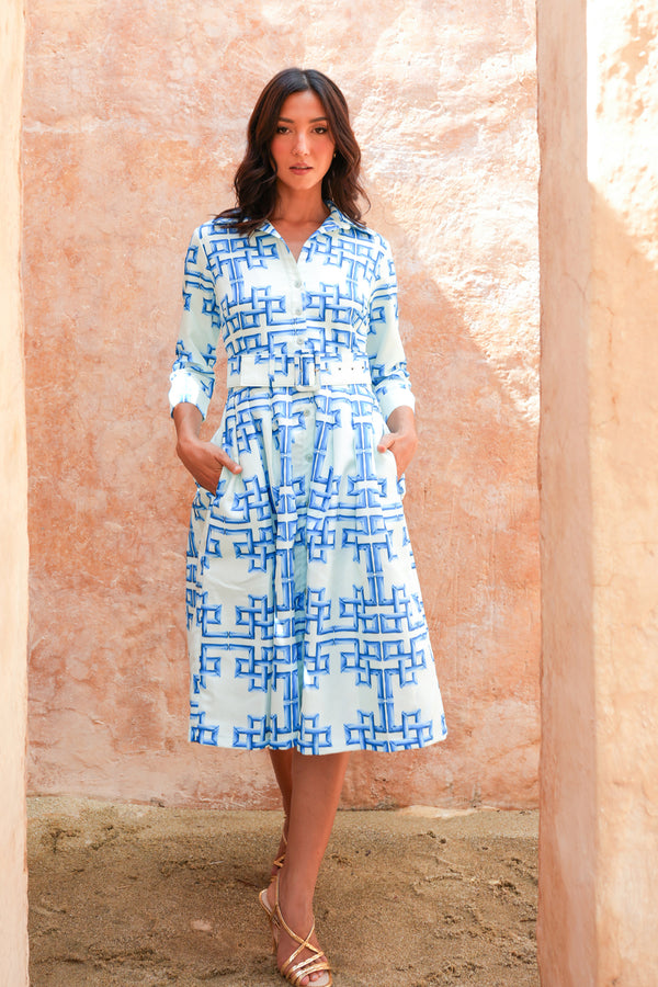 Audrey Dress #1 Shirt Collar 3/4 Sleeve Long Length Silk Taffta (Bamboo Grove Big Pastel)