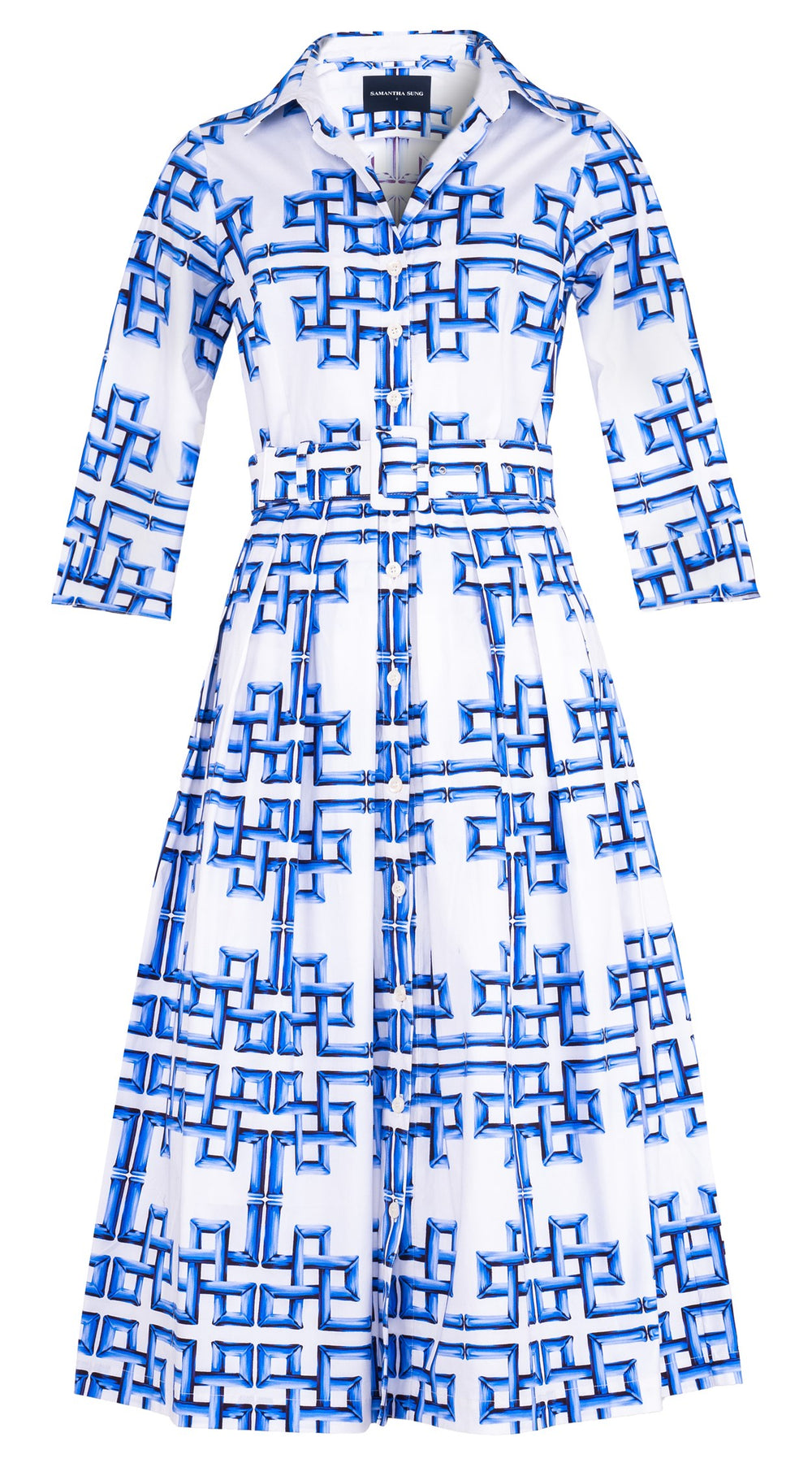 Audrey Dress #1 Shirt Collar 3/4 Sleeve Midi Length Cotton Stretch (Bamboo Grove Big White)