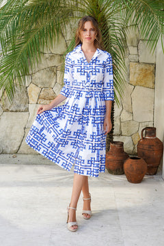 Audrey Dress #1 Shirt Collar 3/4 Sleeve Midi Length Cotton Stretch (Bamboo Grove White)
