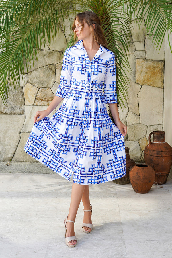 Audrey Dress #1 Shirt Collar 3/4 Sleeve Midi Length Cotton Stretch (Bamboo Grove Big White)