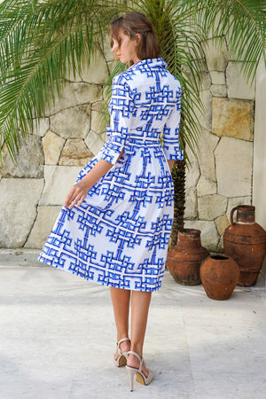 Audrey Dress #1 Shirt Collar 3/4 Sleeve Midi Length Cotton Stretch (Bamboo Grove Big White)