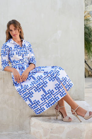 Audrey Dress #1 Shirt Collar 3/4 Sleeve Midi Length Cotton Stretch (Bamboo Grove Big White)