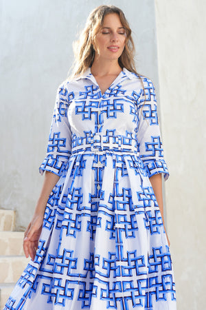 Audrey Dress #1 Shirt Collar 3/4 Sleeve Midi Length Cotton Stretch (Bamboo Grove Big White)