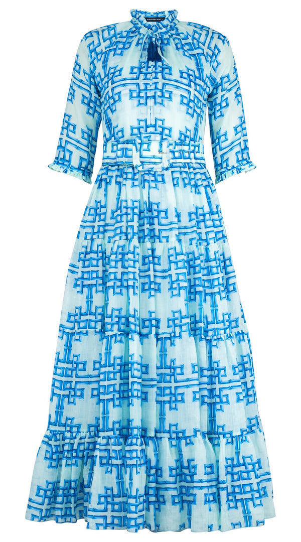 Eva Dress Crew Neck 3/4 Sleeve Maxi Length Ramie (Bamboo Grove Small Pastel)