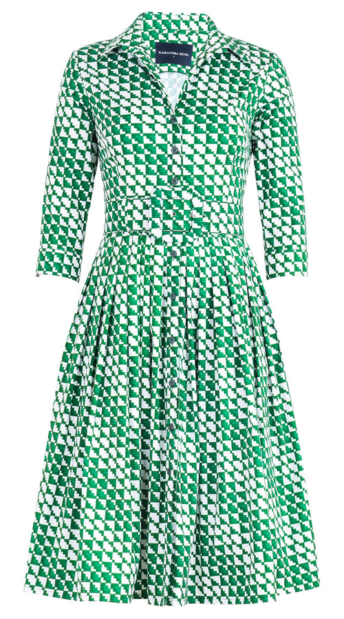 Audrey Dress #2 Shirt Collar 3/4 Sleeve Long Length Cotton Stretch (Bamboo Weave)