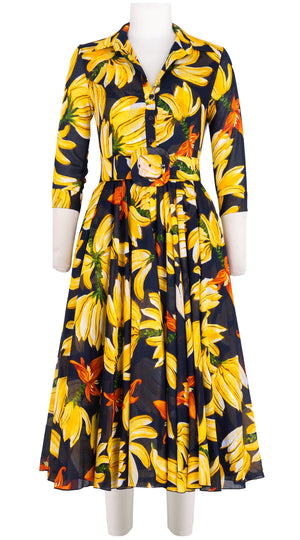 Aster Dress Shirt Collar 3/4 Sleeve Midi Length Cotton Musola (Banana Art Big)-old