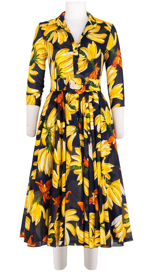 Aster Dress Shirt Collar 3/4 Sleeve Midi Length Cotton Musola (Banana Art Big)-old