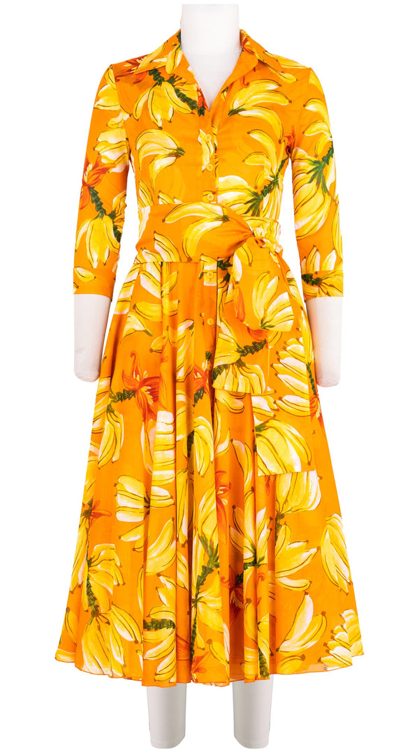 Aster Dress Shirt Collar 3/4 Sleeve Midi Length Cotton Musola (Banana Art Big)-old