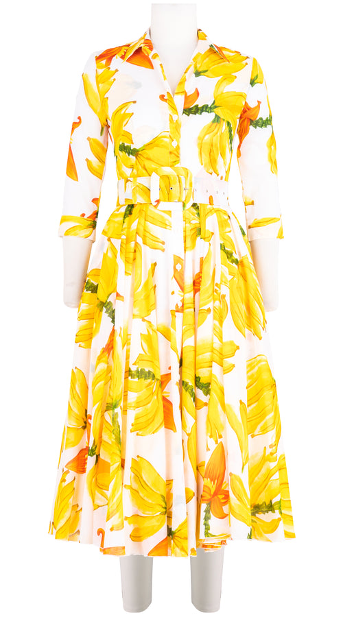 Aster Dress Shirt Collar 3/4 Sleeve Midi Length Cotton Musola (Banana Art)