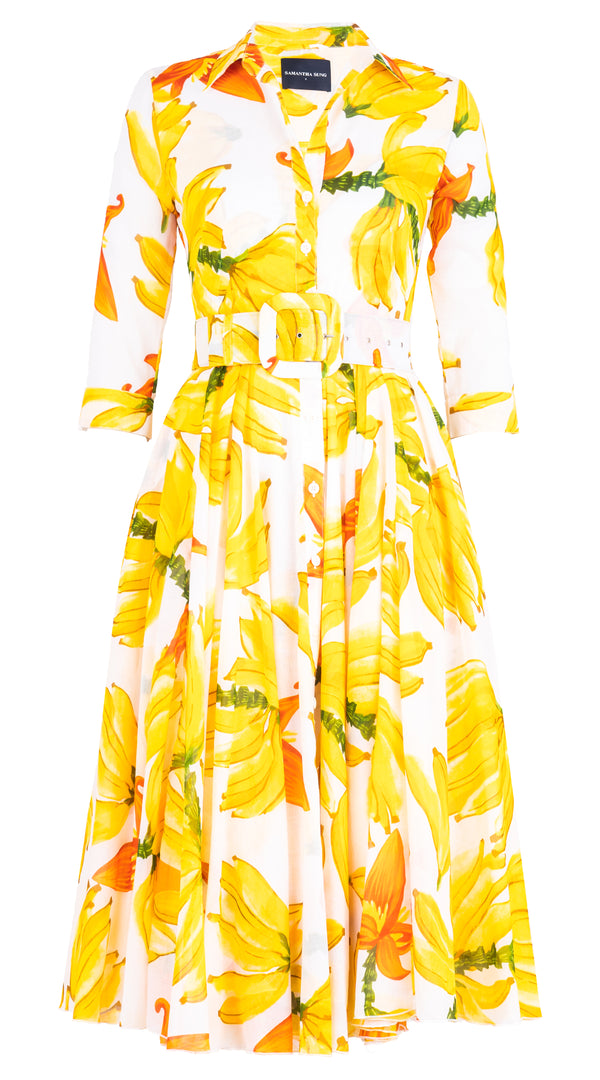 Aster Dress Shirt Collar 3/4 Sleeve Midi Length Cotton Musola (Banana Art)