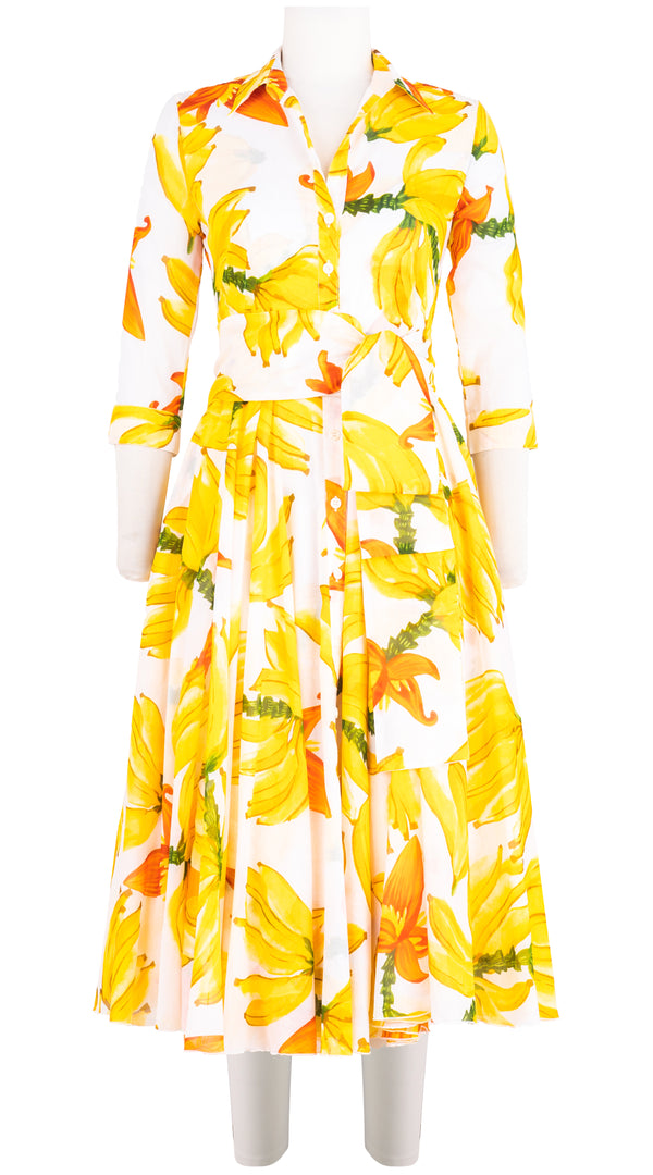 Aster Dress Shirt Collar 3/4 Sleeve Midi Length Cotton Musola (Banana Art)