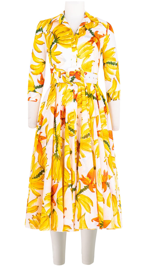 Aster Dress Shirt Collar 3/4 Sleeve Midi Length Cotton Musola (Banana Art Big)-old
