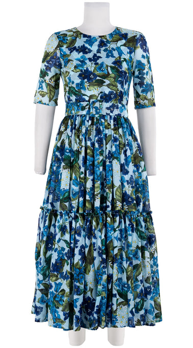 Melanie Dress #1 Crew Neck 1/2 Sleeve Midi Plus Length Cotton Musola (Barbados Flower Ground)