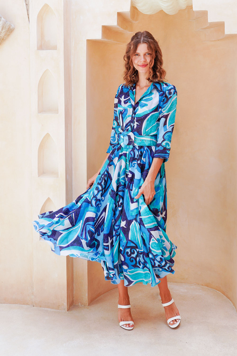 Aster Dress Shirt Collar 3/4 Sleeve Midi Length Cotton Musola (Barcelona Mode)