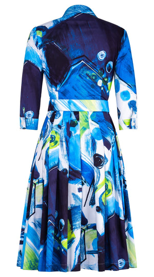 Audrey Dress #2 Shirt Collar 3/4 Sleeve Long Length Cotton Stretch (Bastera Painting)