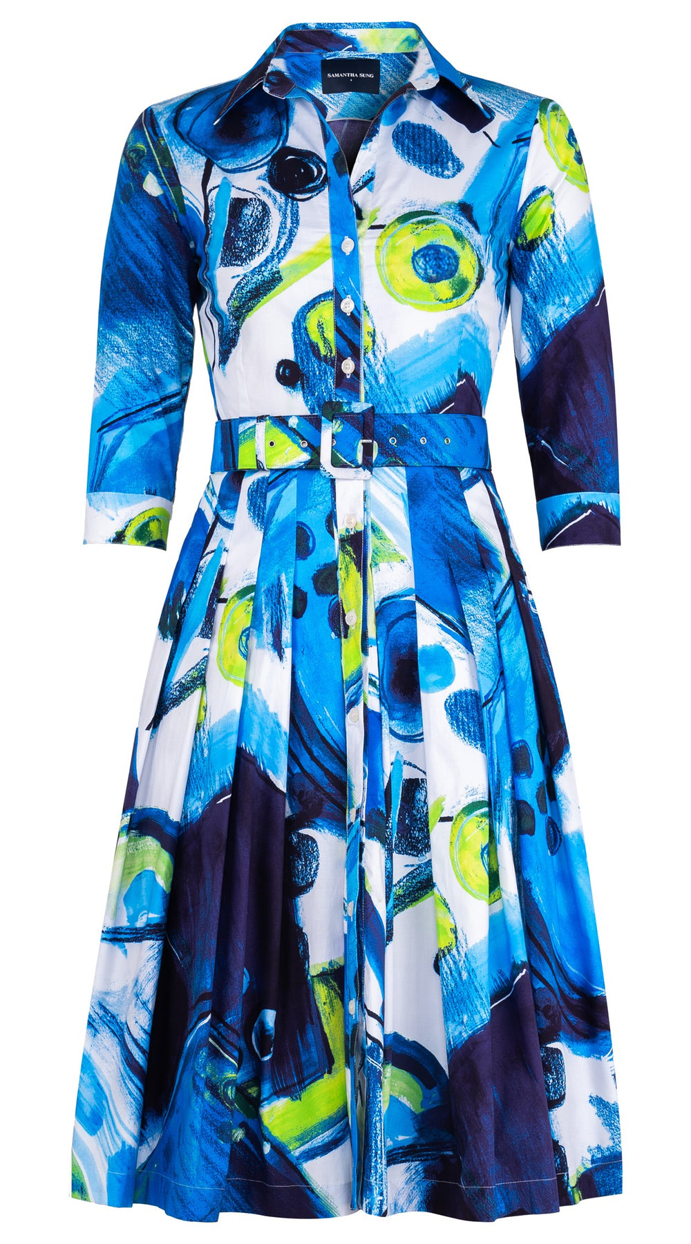 Audrey Dress #2 Shirt Collar 3/4 Sleeve Long Length Cotton Stretch (Bastera Painting)
