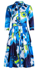 Audrey Dress #2 Shirt Collar 3/4 Sleeve Long Length Cotton Stretch (Bastera Painting)