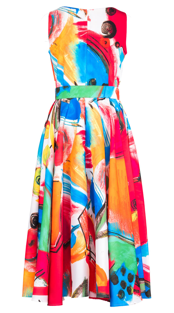 Abelia Dress U Neck Sleeveless Midi Length Silk Taffa (Bastera Painting)