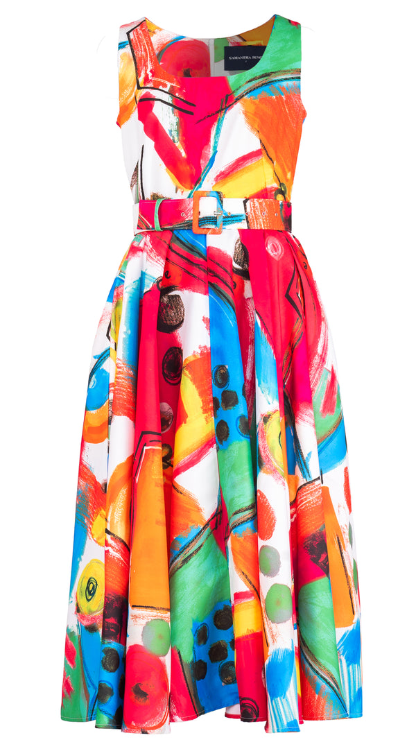 Abelia Dress U Neck Sleeveless Midi Length Silk Taffa (Bastera Painting)