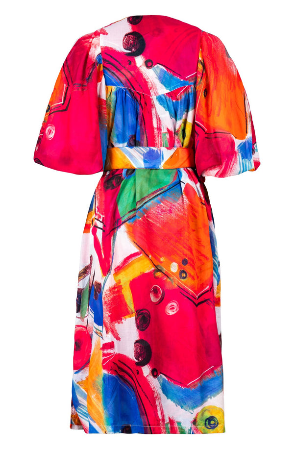Anastasia Dress Crew Neck Slit 3/4 Puff Sleeve Midi Length Cotton Musola (Bastera Painting)