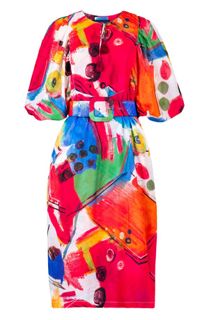 Anastasia Dress Crew Neck Slit 3/4 Puff Sleeve Midi Length Cotton Musola (Bastera Painting)