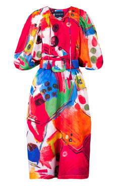 Anastasia Dress Crew Neck Slit 3/4 Puff Sleeve Midi Length Cotton Musola (Bastera Painting)