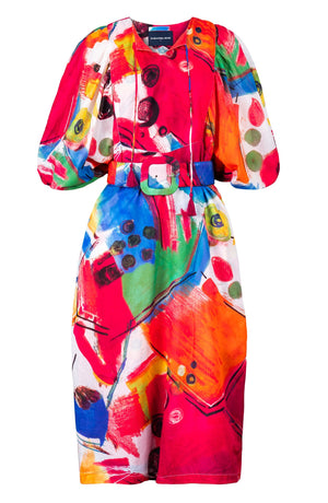 Anastasia Dress Crew Neck Slit 3/4 Puff Sleeve Midi Length Cotton Musola (Bastera Painting)