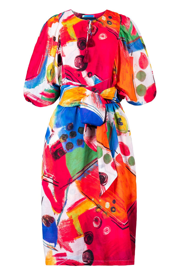 Anastasia Dress Crew Neck Slit 3/4 Puff Sleeve Midi Length Cotton Musola (Bastera Painting)