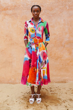 Aster Dress Shirt Collar 3/4 Sleeve Midi Length Cotton Musola (Bastera Painting)