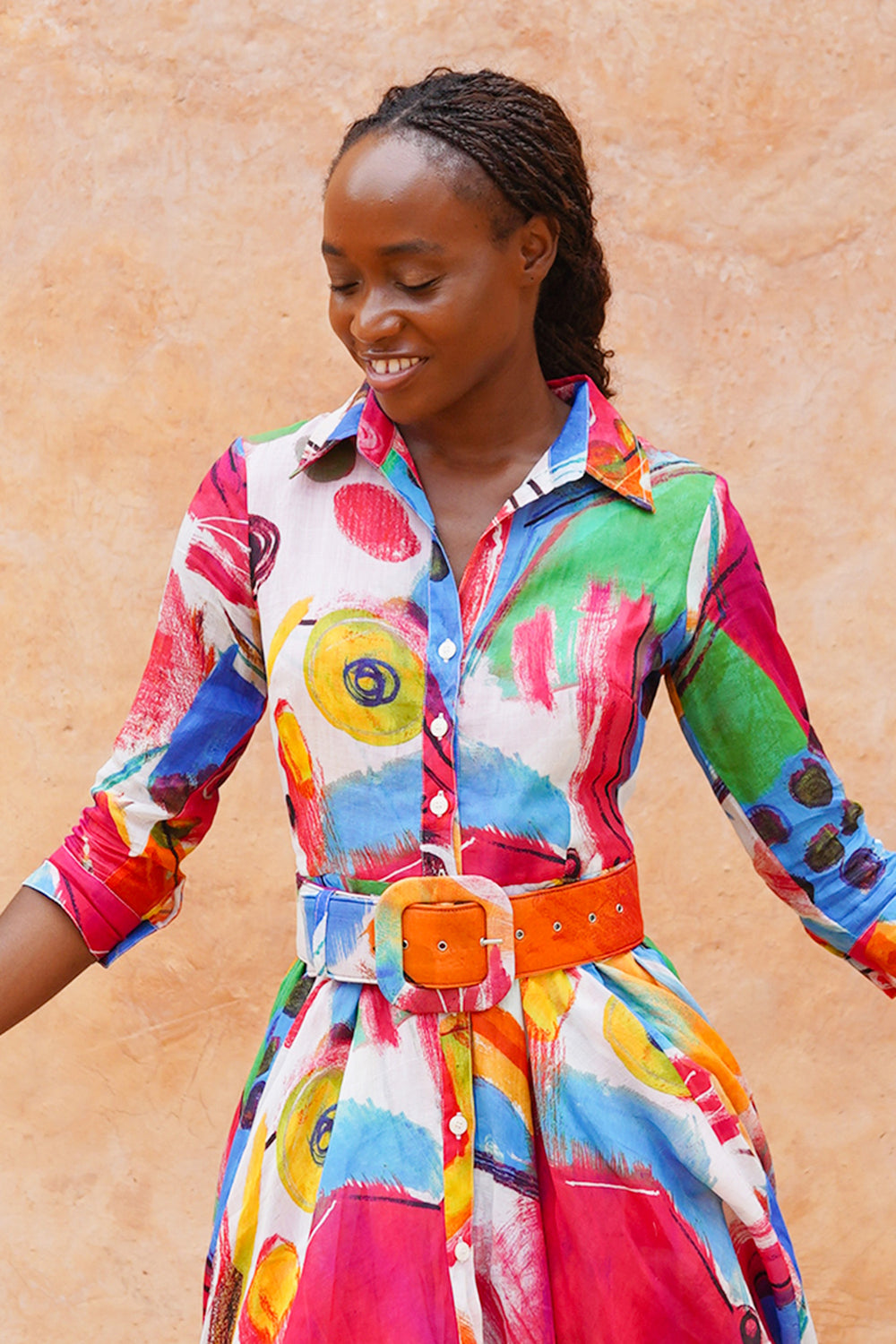Aster Dress Shirt Collar 3/4 Sleeve Midi Length Ramie (Bastera Painting)