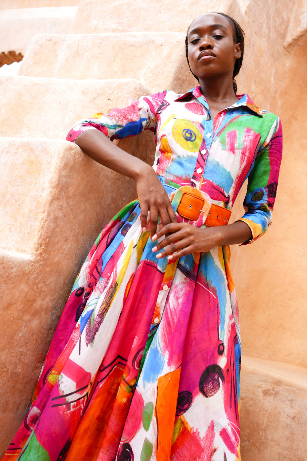 Aster Dress Shirt Collar 3/4 Sleeve Midi Length Cotton Musola (Bastera Painting)