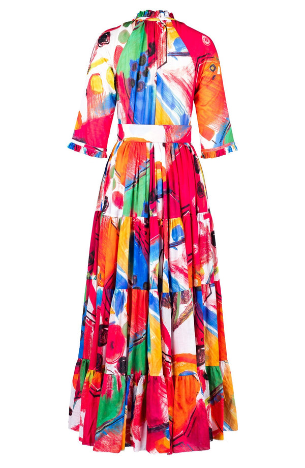 Eva Dress Crew Neck 3/4 Sleeve Maxi Length Cotton Musola (Bastera Painting)